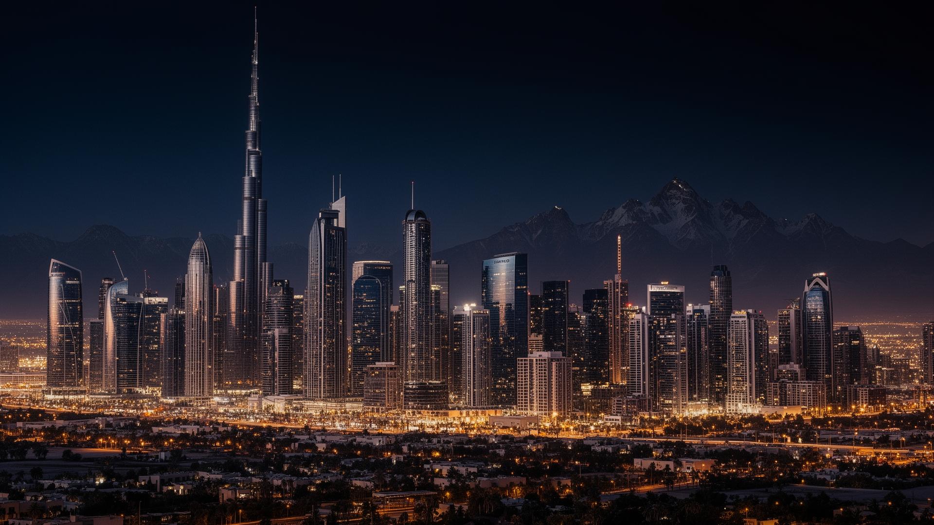 Dubai and Calgary skyline composite at dusk